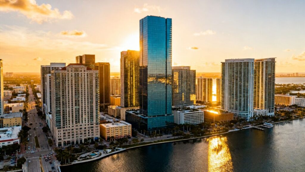 Florida cityscape with modern buildings and bright sun.