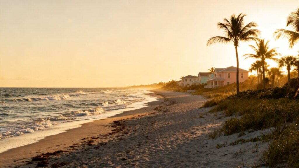 Florida coastline with houses and palm trees.