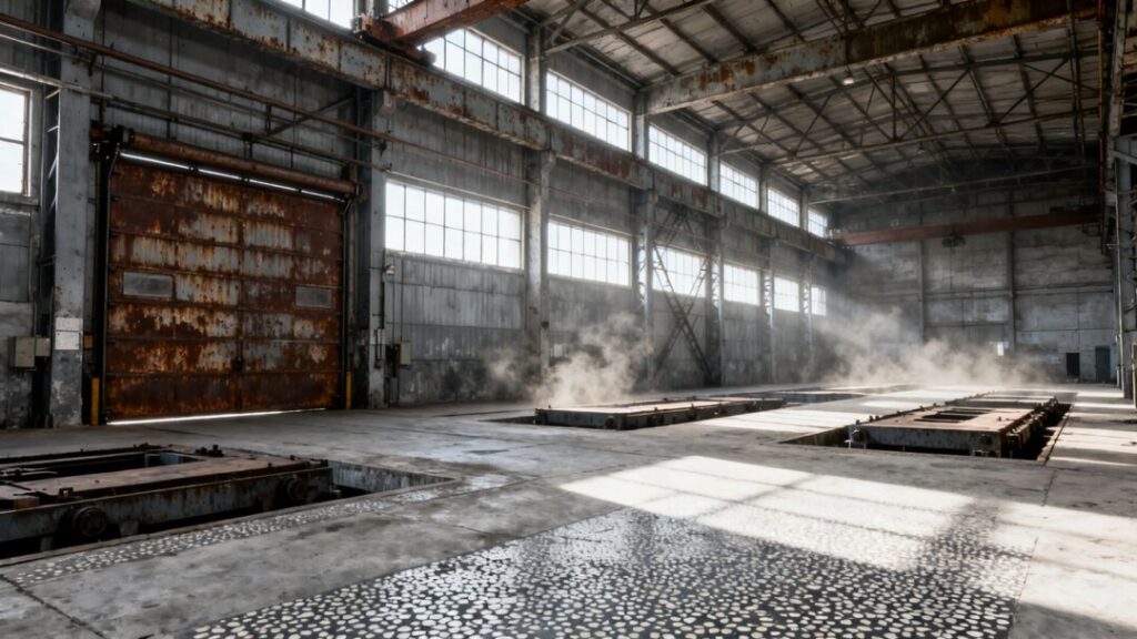 Modern industrial building interior with large bay doors and empty space.