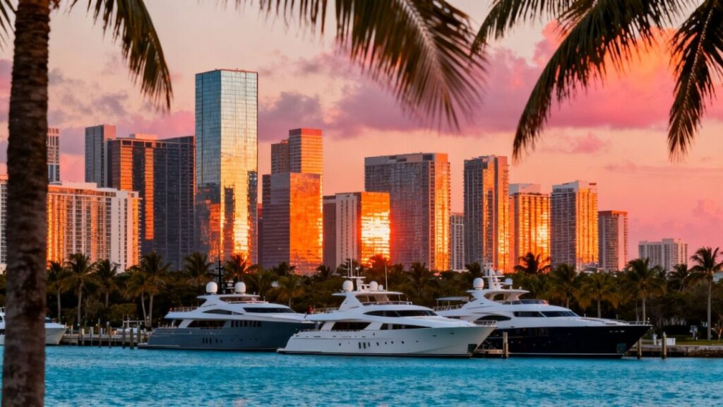 Miami skyline with yachts and palm trees.