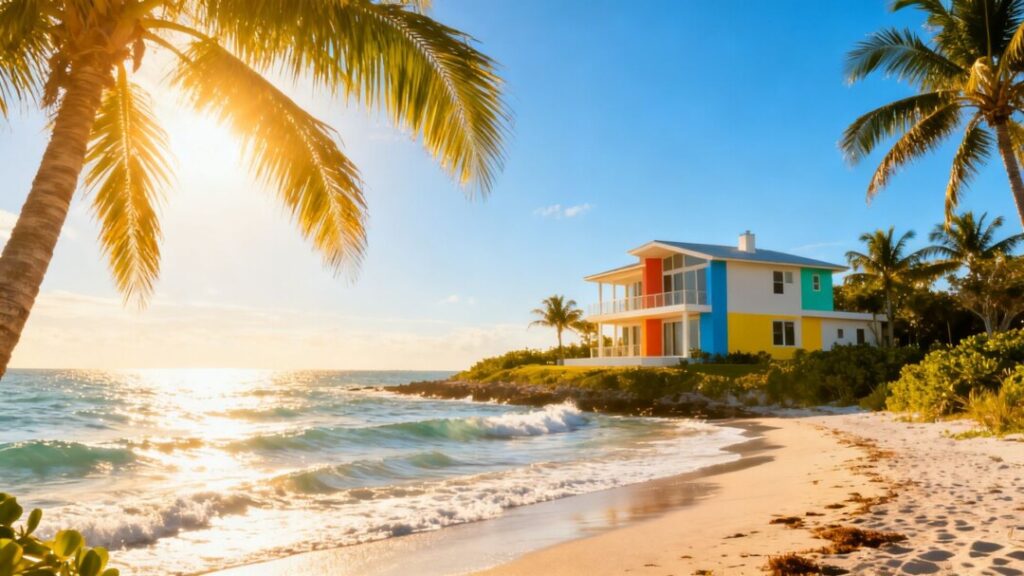 Florida coastline with a modern house and palm trees.