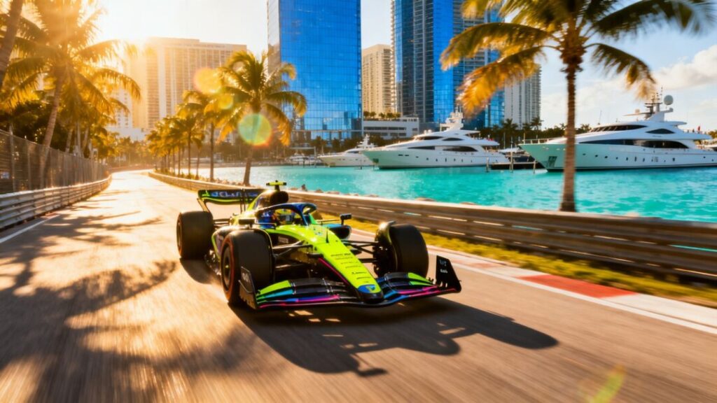 Formula 1 car racing in Miami with yachts and skyscrapers.