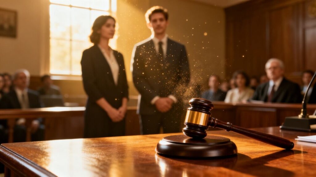 Couple in courtroom admitting guilt in real estate fraud.