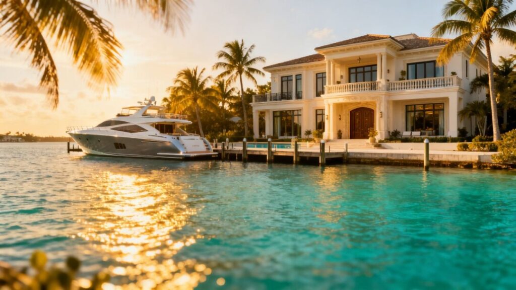 Luxury Florida mansion with waterfront and yacht.