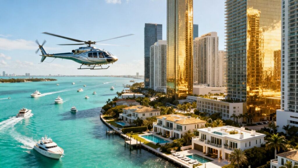 Miami skyline with luxury homes and yachts.