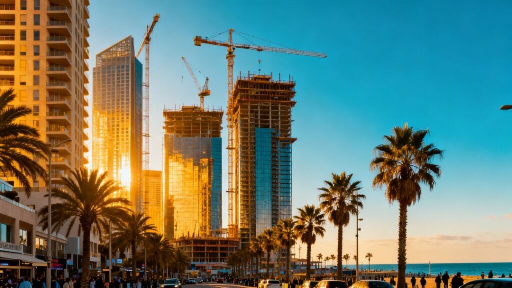West Palm Beach skyline with new construction and palm trees.