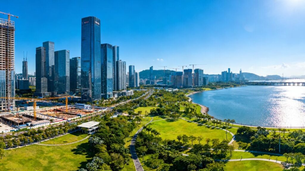 Sunrise cityscape with skyscrapers, green spaces, and water.