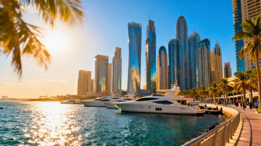 South Florida skyline with yachts and palm trees.