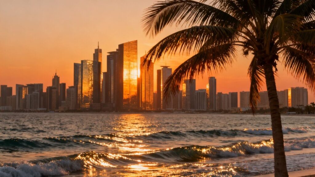 Miami skyline with palm trees and ocean at sunset.