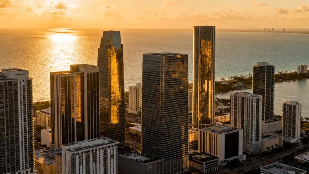 Miami skyline with modern skyscrapers at sunset.