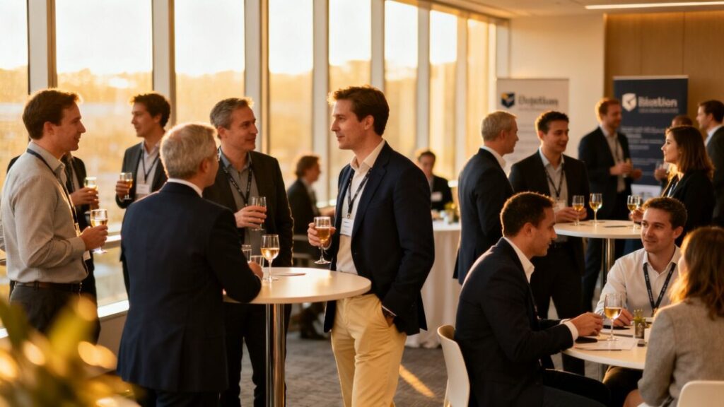 Professionals networking at a business event.
