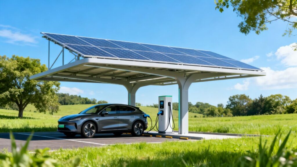 EV charging station with off-grid solar panels.