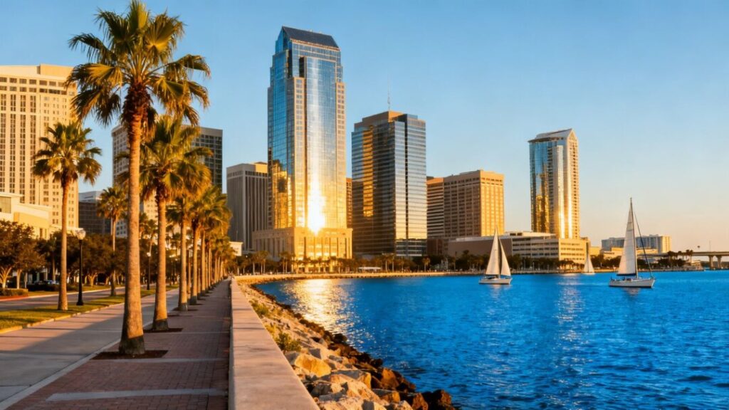 Tampa cityscape with skyscrapers and waterfront.