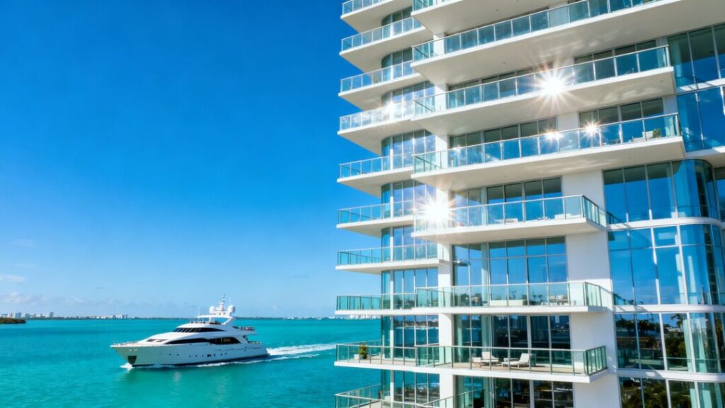 Miami luxury condo tower overlooking the ocean.
