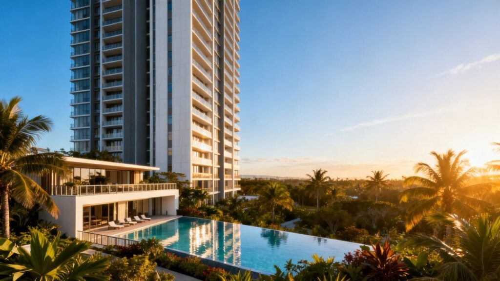 Luxury condo tower with pool and tropical landscaping.