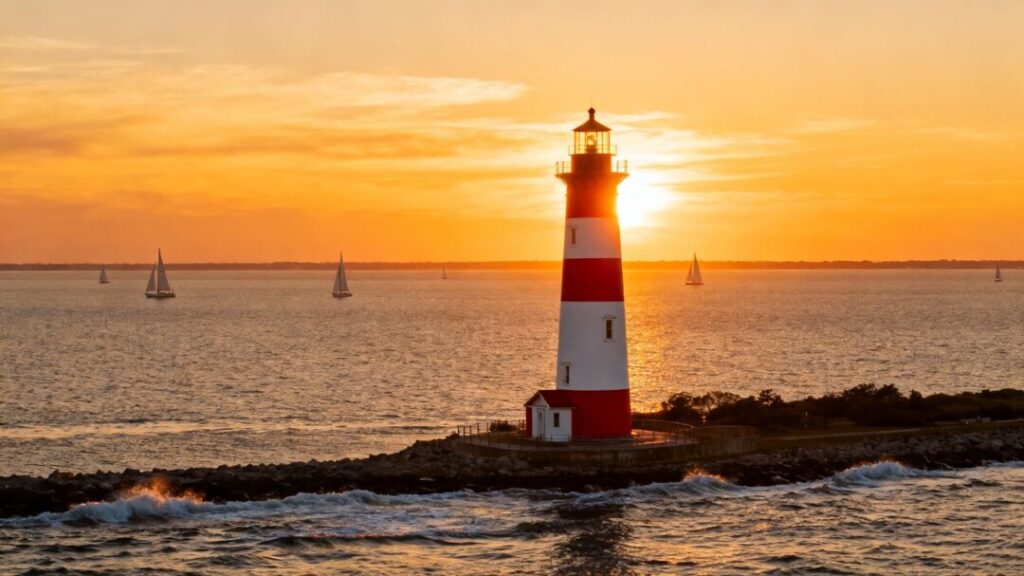 Chesapeake Bay lighthouse at sunset with sailboats.