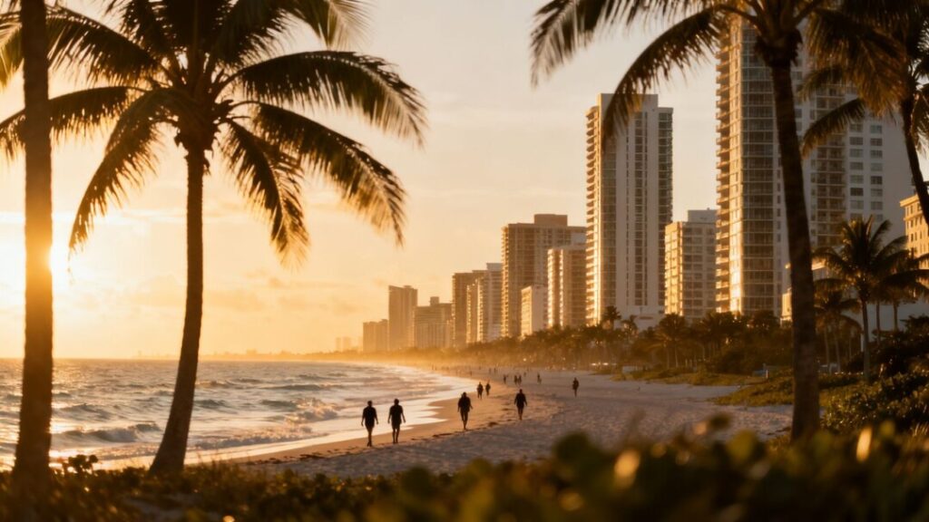 Florida coast with buildings, beach, and palm trees.