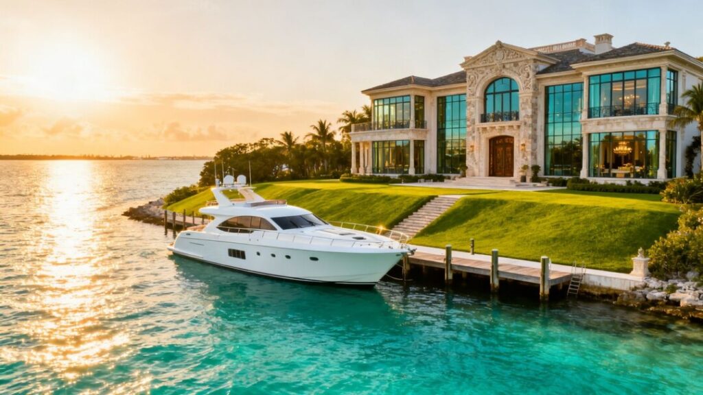 Luxury Florida mansion on waterfront with yacht.