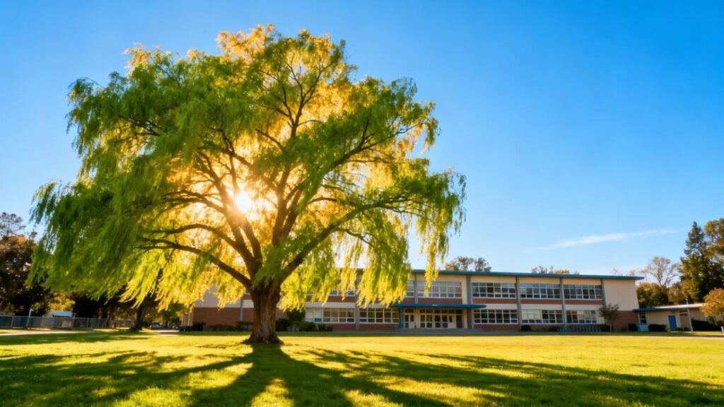 Hillsborough school building with tree and blue sky.