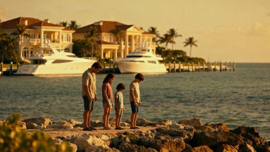 Florida coast with mansions, yachts, and a family looking out.