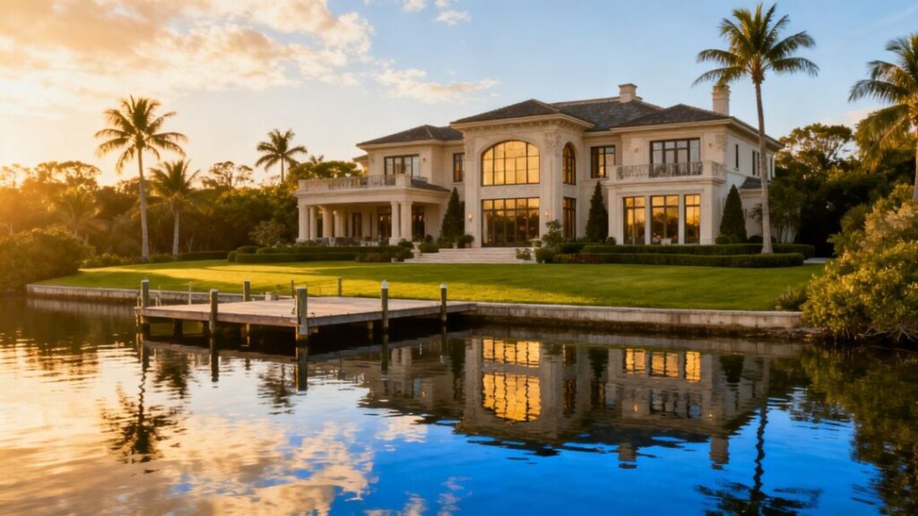 Exclusive waterfront mansion with palm trees and private dock.