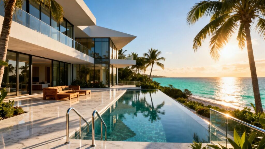 Luxury Florida mansion with ocean view and palm trees.