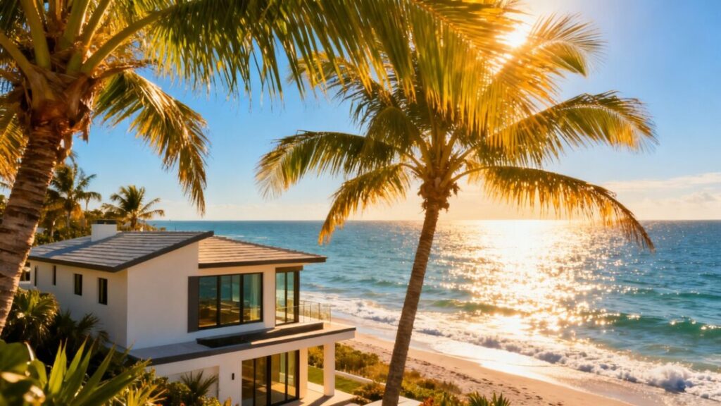 Florida coastline with a modern house and palm trees.