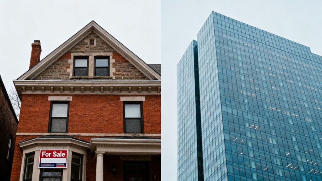 Brokerage models: classic building versus modern skyscraper.