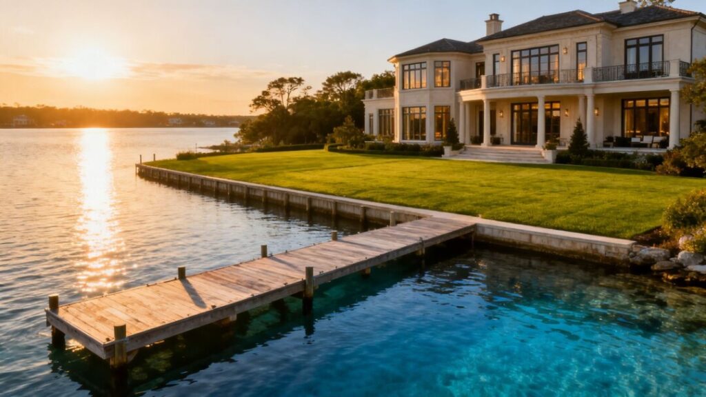Luxury Florida mansion with waterfront view and private dock.