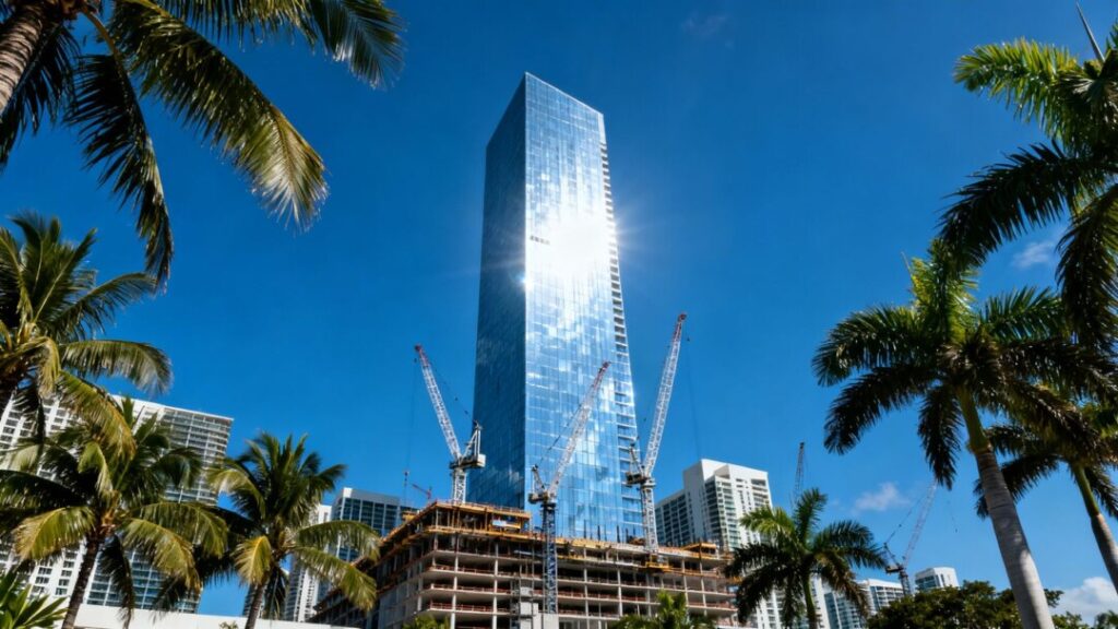 Miami luxury skyscraper under construction with palm trees.
