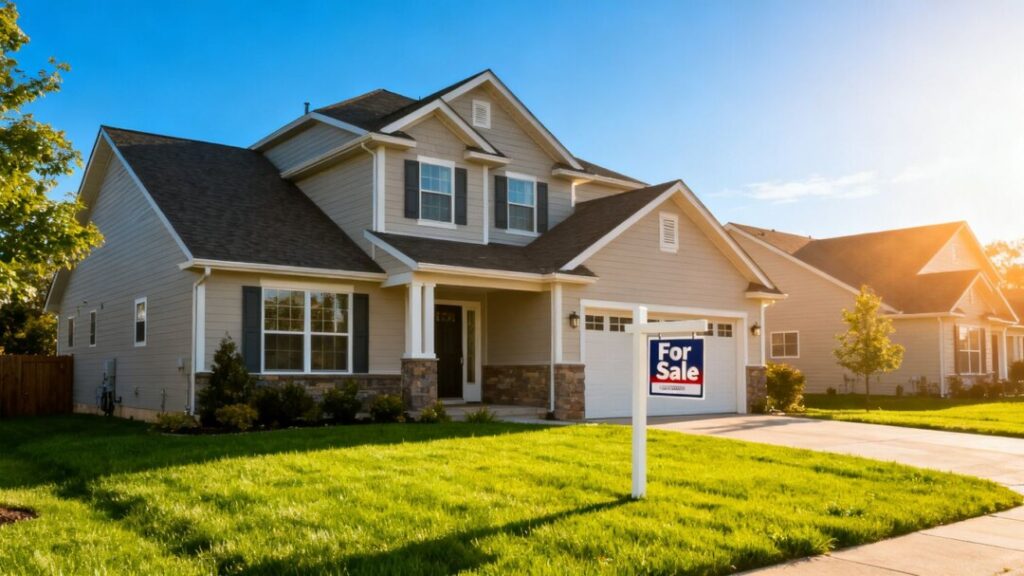 US home with green lawn and blue sky.