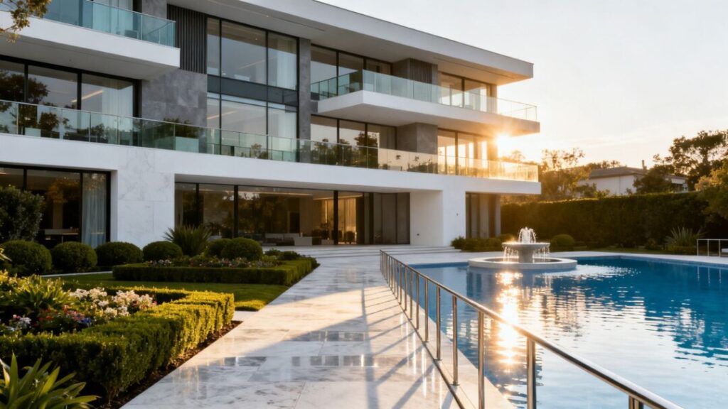 Luxury Ritz-Carlton Residences with pool and palm trees.