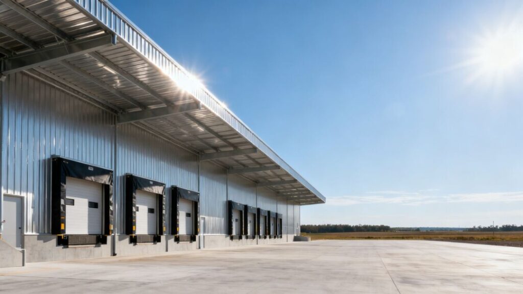 Modern industrial warehouse under a clear sky.