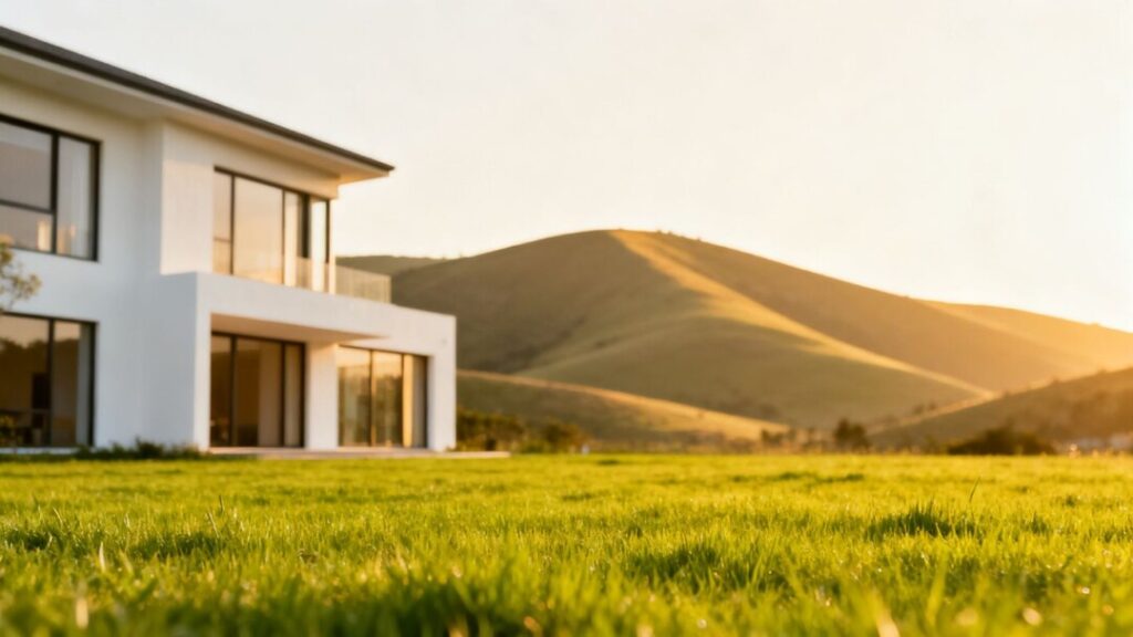 House with green lawn and upward sloping hills.