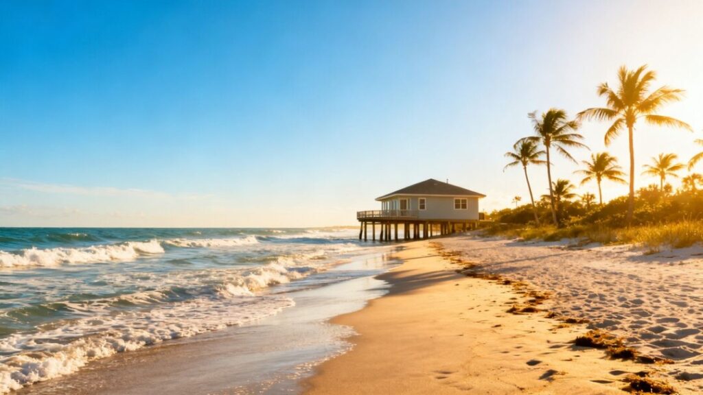 Florida coastline with a house on stilts.