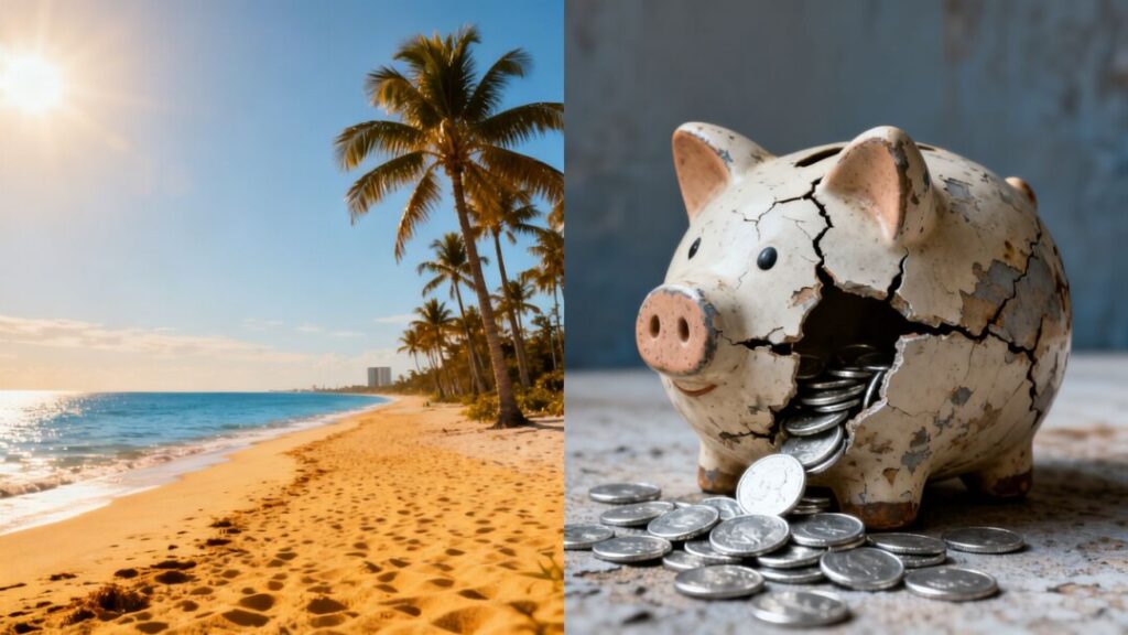 Florida coast and a broken piggy bank.