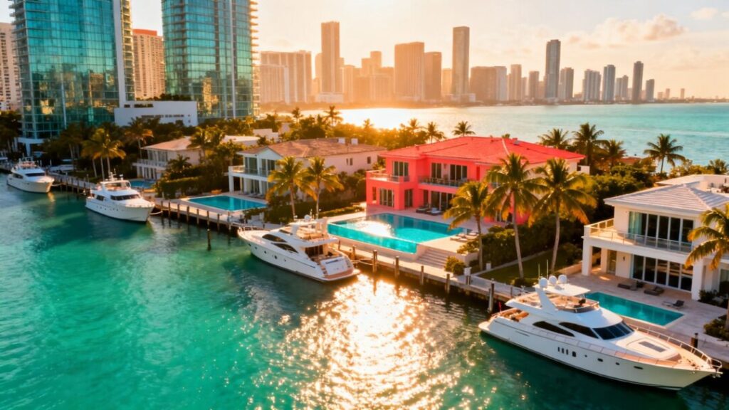 Miami skyline with luxury waterfront mansions and yachts.