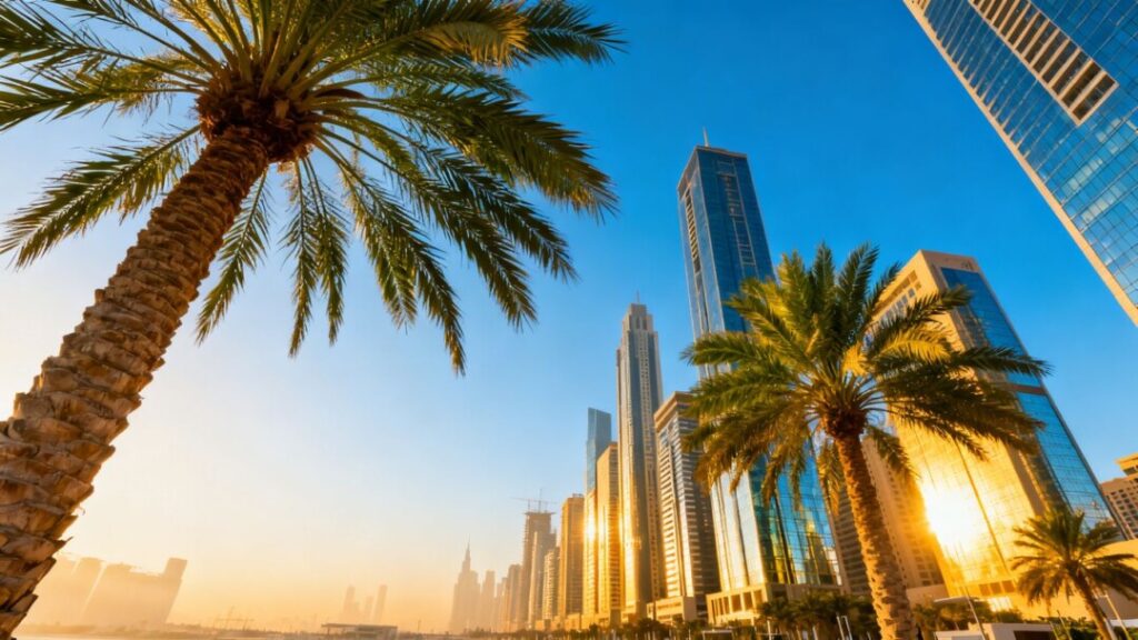 Miami skyline with palm trees and skyscrapers.