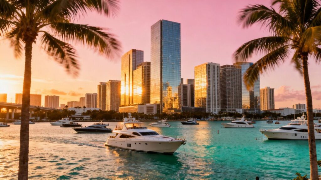 Florida cityscape with skyscrapers, waterfront, and yachts.