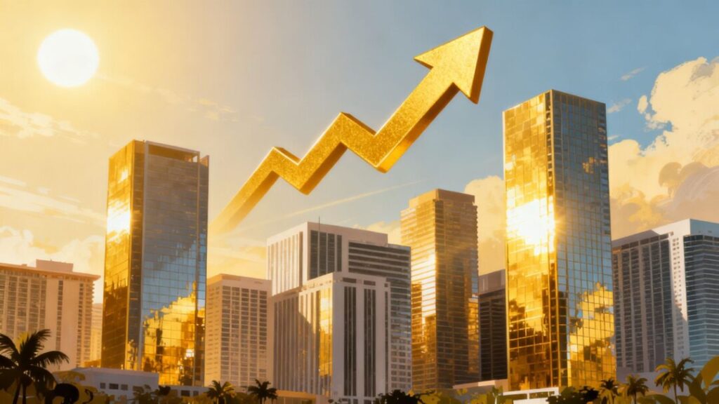 Florida cityscape with rising arrow symbolizing real estate growth.