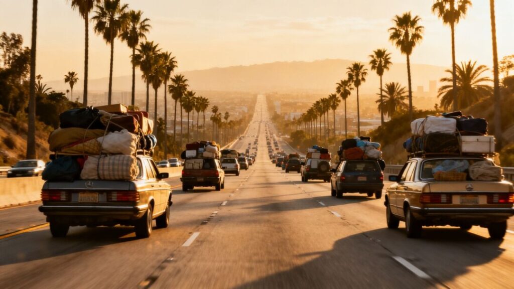 Cars driving away from a city towards a new destination.