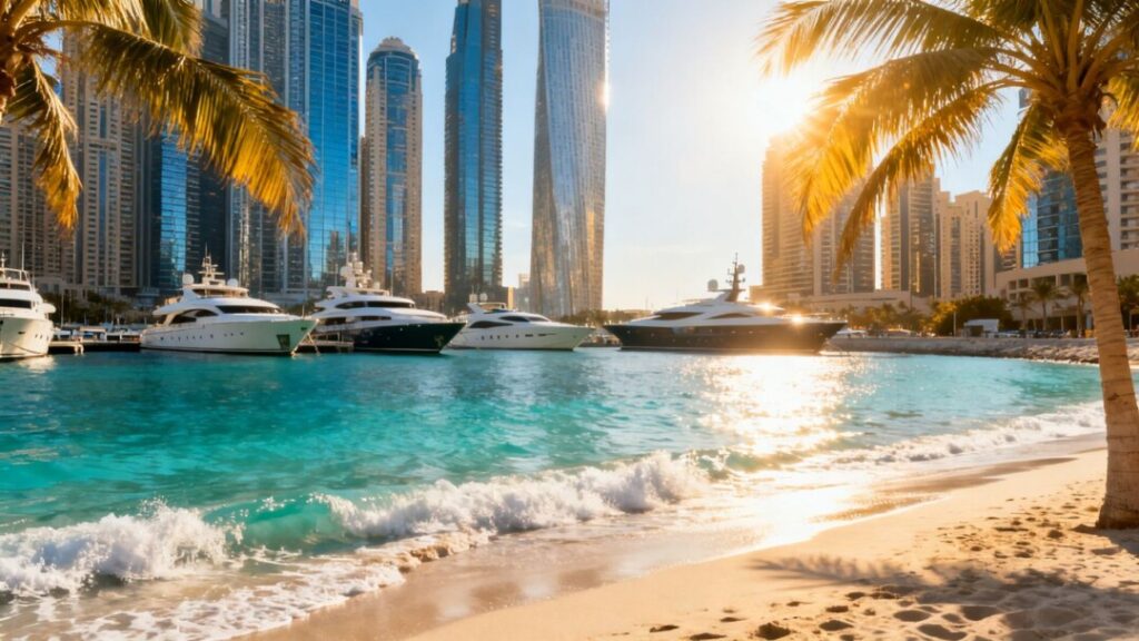 Miami skyline and ocean with luxury yachts.