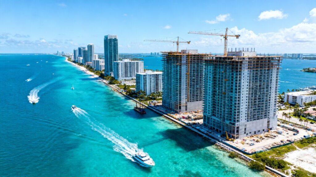 Florida coastline with new construction and cranes.