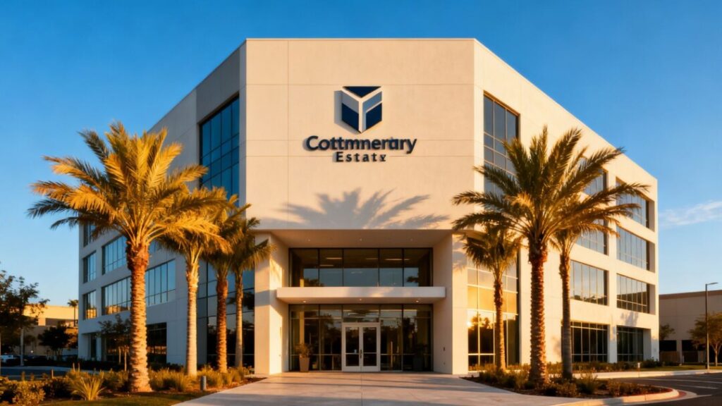 Real estate office building with palm trees.