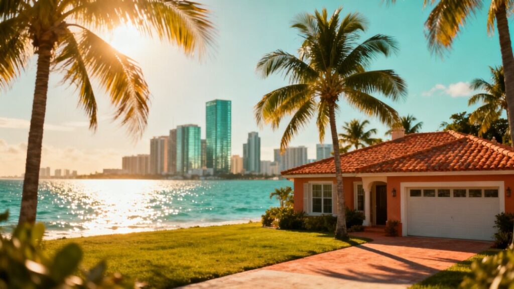 Miami skyline with a house and palm trees.