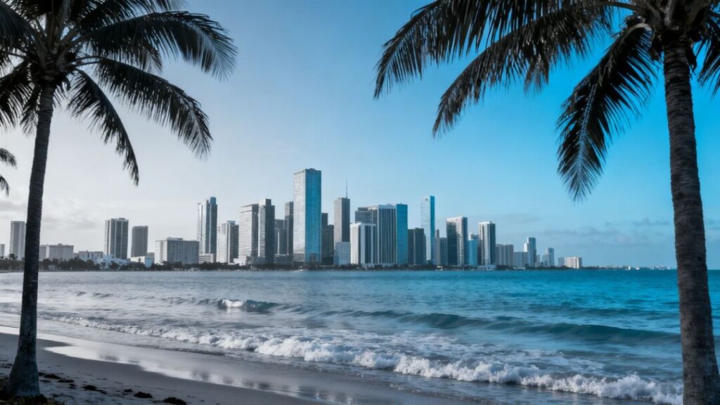 Miami skyline with cooling gradient and palm trees.
