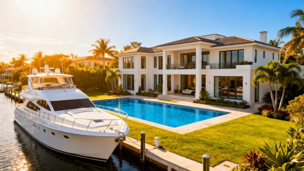 Luxury mansion with pool and yacht in South Florida.