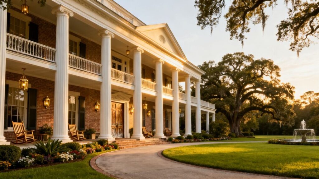 Alabama mansion with white columns and green lawn.
