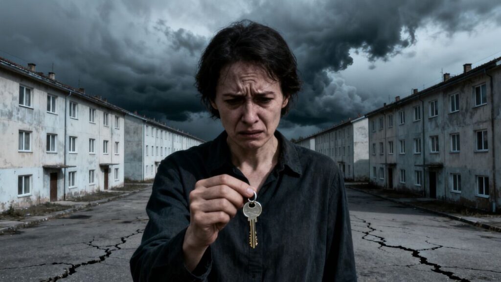Person holding key, unaffordable apartments, stormy sky.