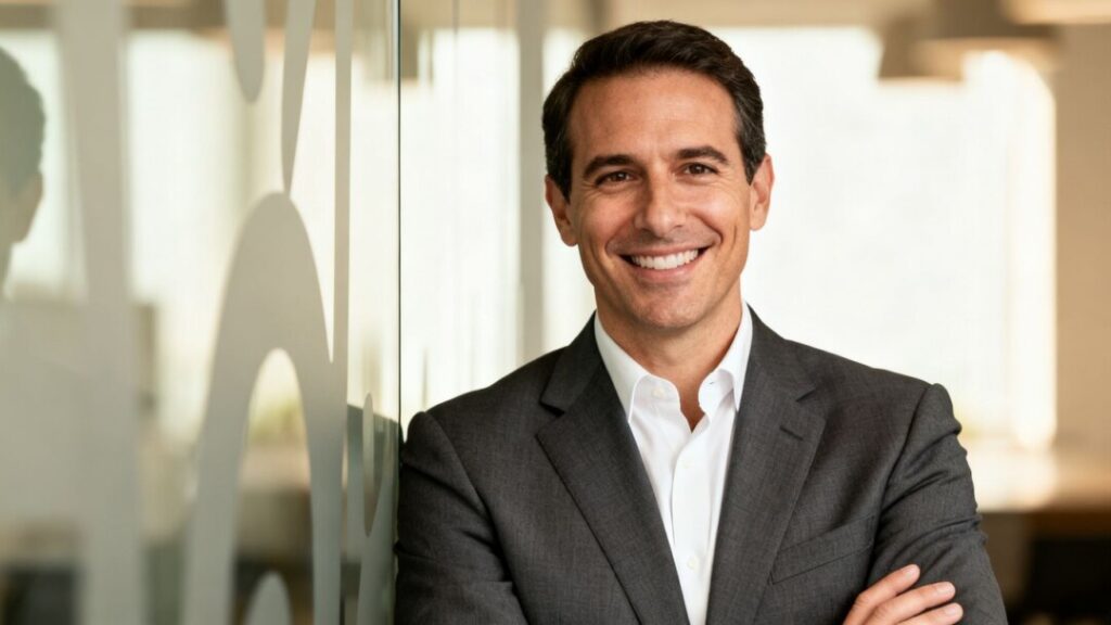 [JP Piccinini] in a suit, smiling, modern office background.